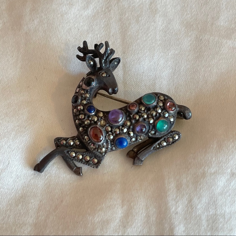 {Vintage} Sterling + Marcasite Reindeer Brooch